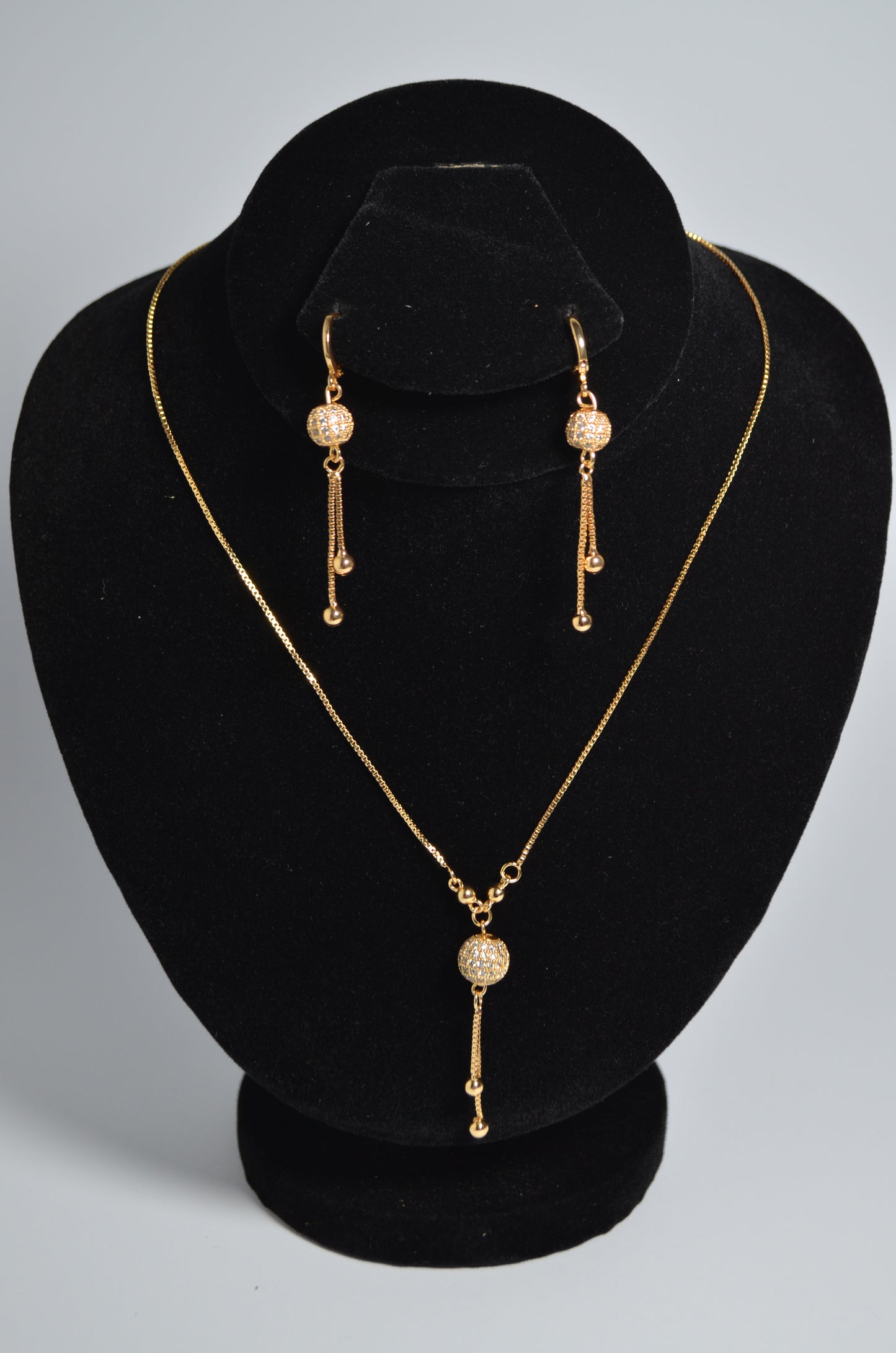 Cascading CZ Ball Drop Earrings and Necklace Set in Gold-Plated Stainless Steel