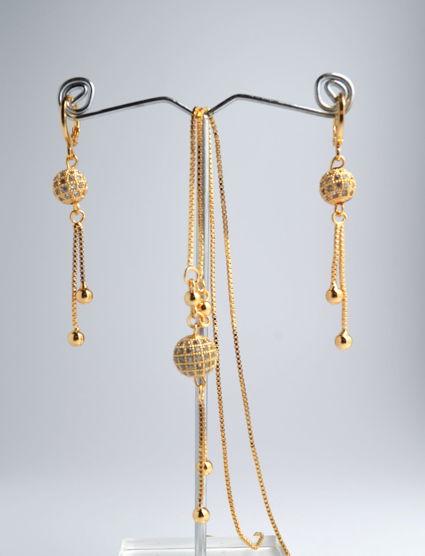 Cascading CZ Ball Drop Earrings and Necklace Set in Gold-Plated Stainless Steel