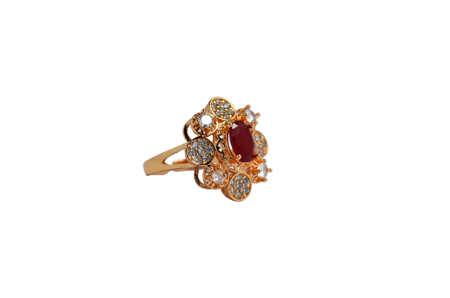 Radiant Red Gemstone Gold-Coated Stainless Steel Ring with Zircon Accents