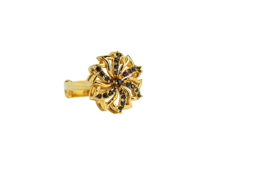 Chic Gold-Coated Leaf Ring with Black Spinel Accents