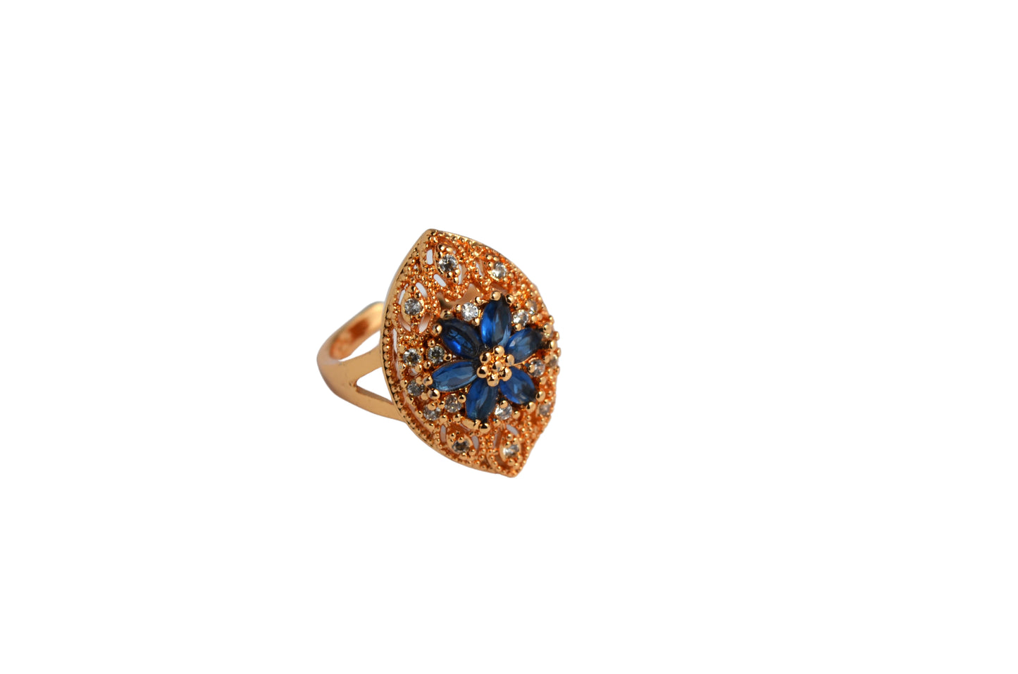 Elegant Leaf-Shaped Gold-Plated Ring with Blue Sapphire and Zircon Petals