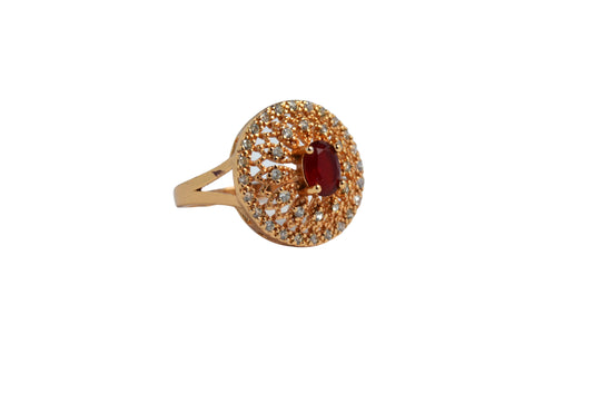 Radiant Gold-Coated Stainless Steel Ring with Red Gemstone and Zircon Accents