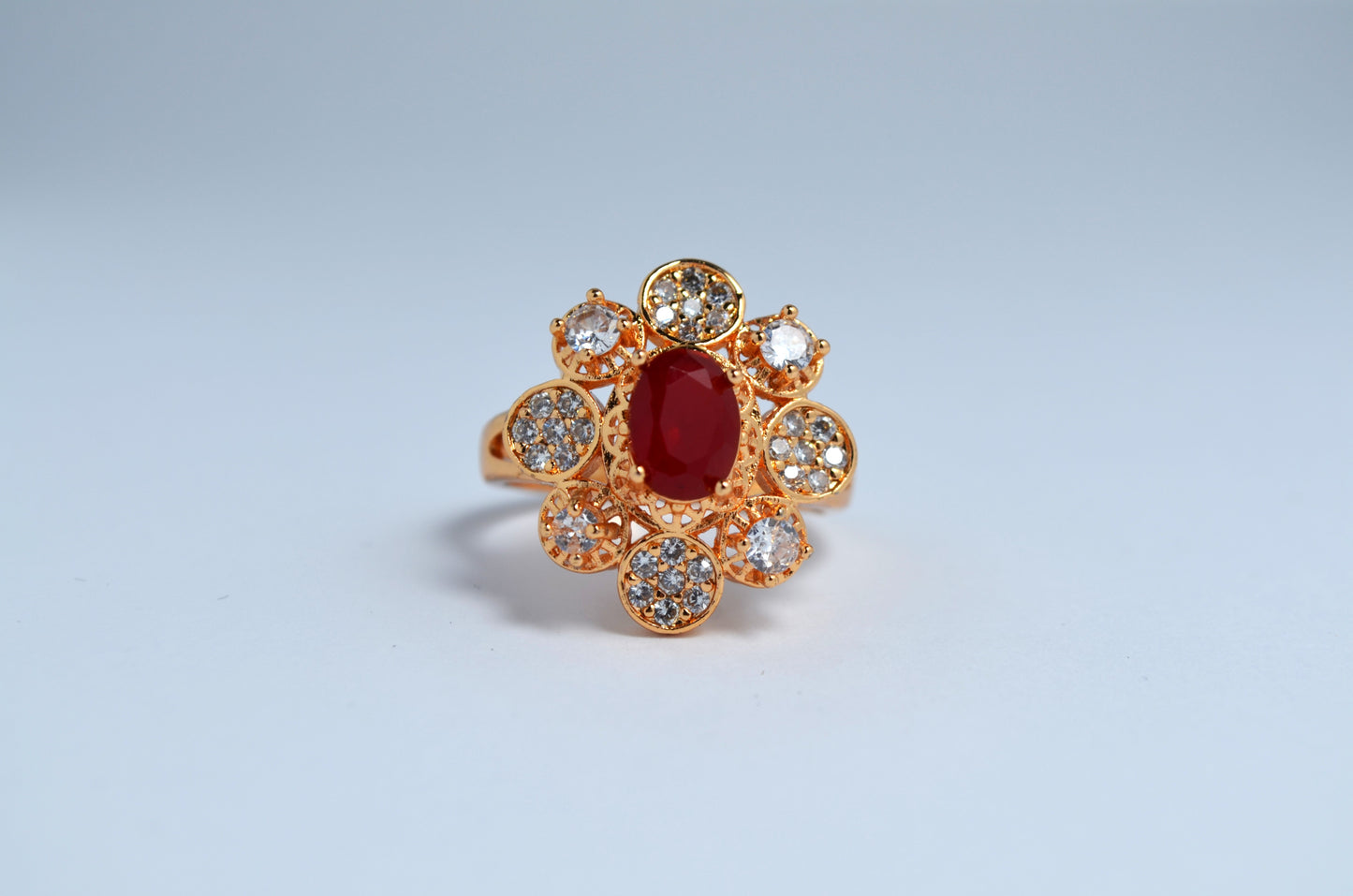 Radiant Red Gemstone Gold-Coated Stainless Steel Ring with Zircon Accents