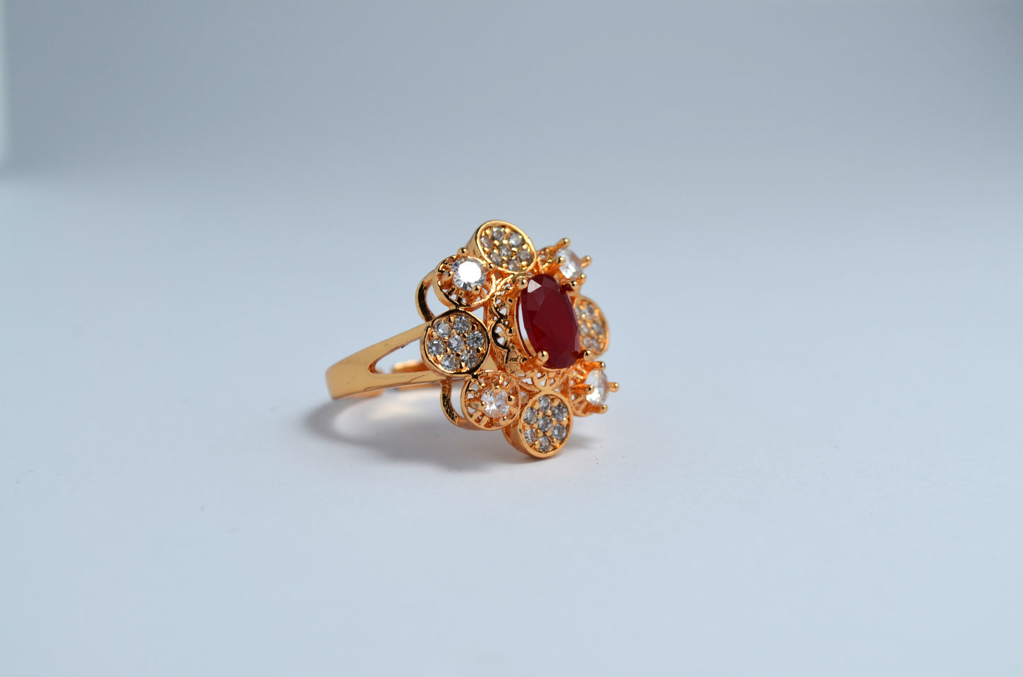 Radiant Red Gemstone Gold-Coated Stainless Steel Ring with Zircon Accents