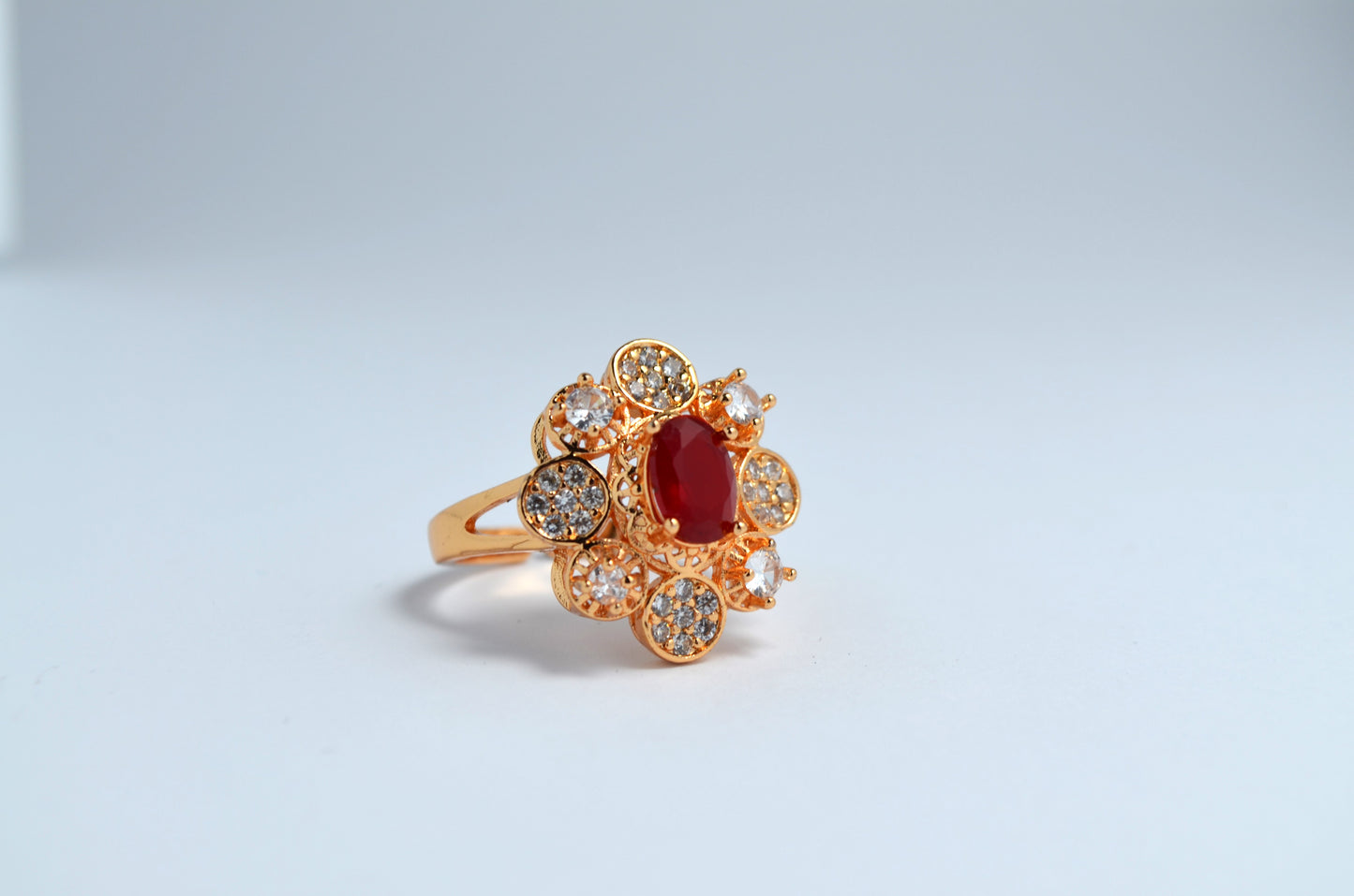 Radiant Red Gemstone Gold-Coated Stainless Steel Ring with Zircon Accents