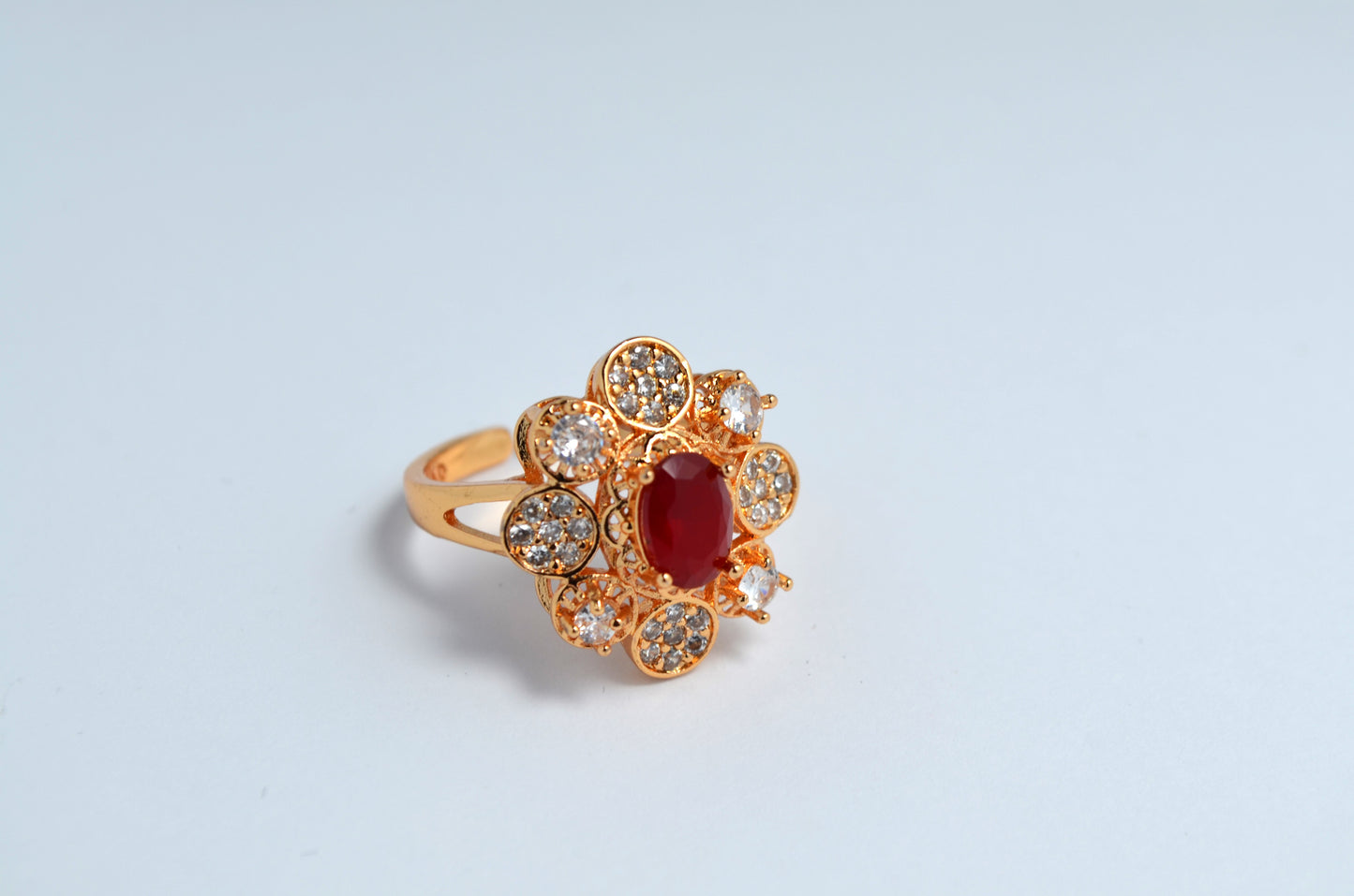 Radiant Red Gemstone Gold-Coated Stainless Steel Ring with Zircon Accents