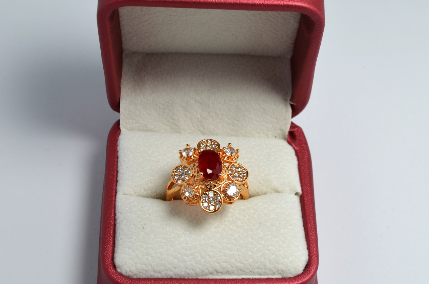 Radiant Red Gemstone Gold-Coated Stainless Steel Ring with Zircon Accents