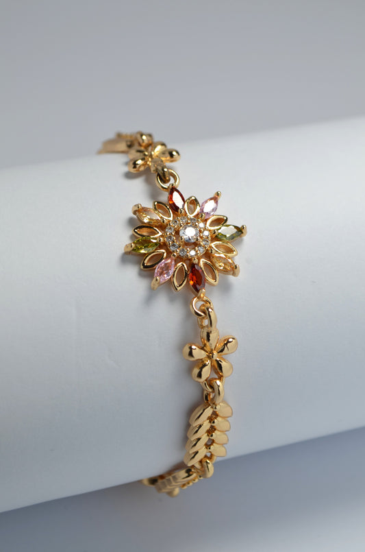 Floral Radiance Gold-Coated Bracelet with Multicolor Zirconia and Gemstone Flowers