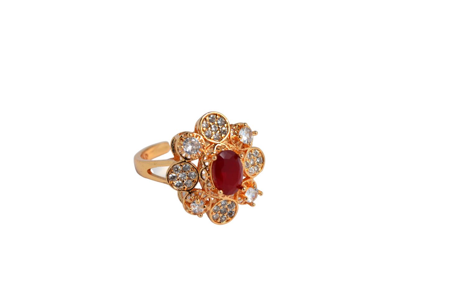 Radiant Red Gemstone Gold-Coated Stainless Steel Ring with Zircon Accents